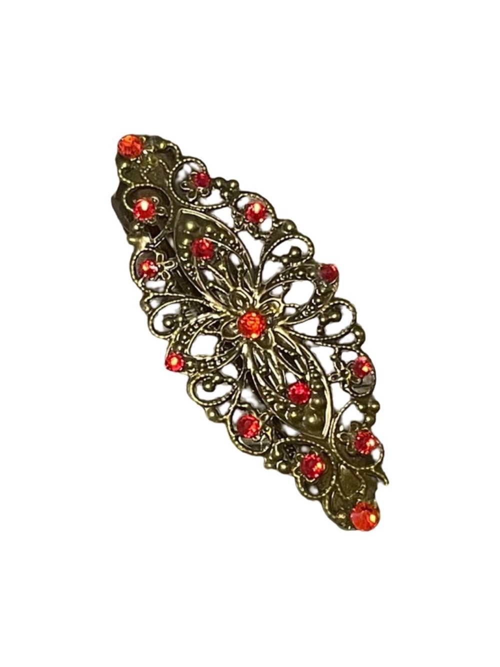 Filigree Antiqued Gold Hair Barrette with Red Crystal Accents